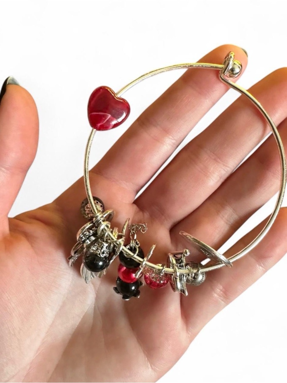 Silver Charm Bangle Bracelet with Red Heart Accent